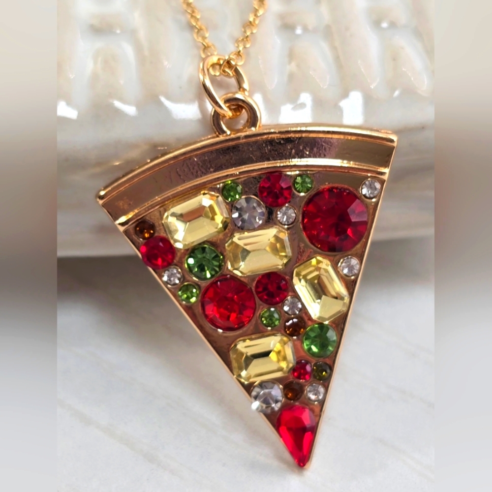 Gold Pizza Slice Pendant Necklace with Red, Green, and Yellow Crystals